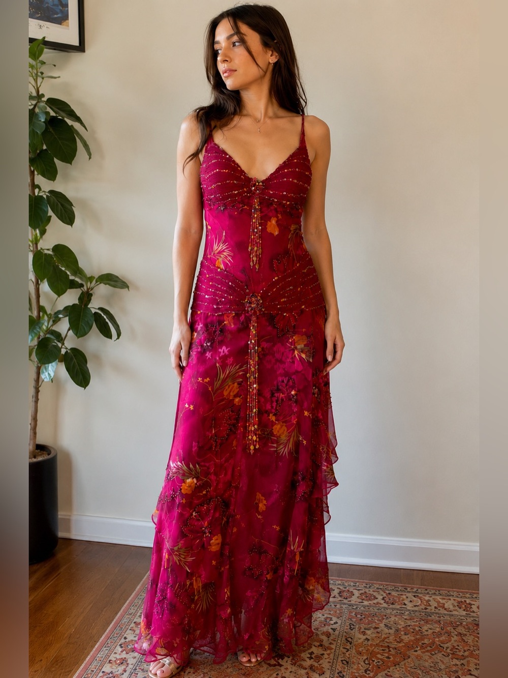 Vintage Sue Wong Nocturne Y2K Beaded Silk Floral Evening Dress - Size 10 - Picture 15 of 15
